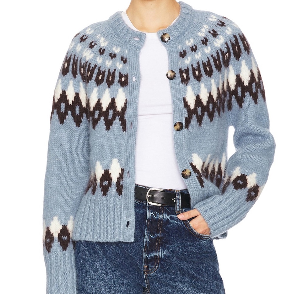 Veronica Beard Light Blue Fair Isle Wool Cardigan with Cream & Brown Accents